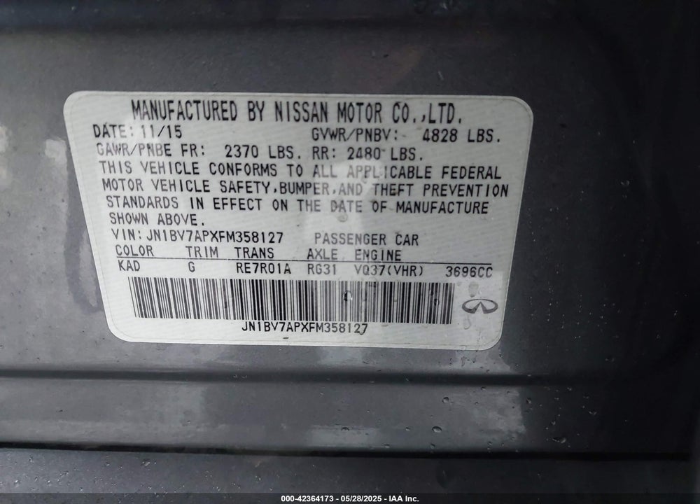 2015 INFINITI Q50 PREMIUM VIN: JN1BV7APXFM358127