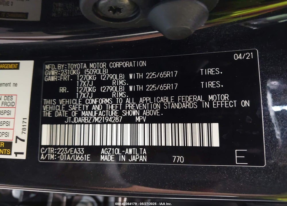 2021 LEXUS NX 300 VIN: JTJDARBZ7M2194287
