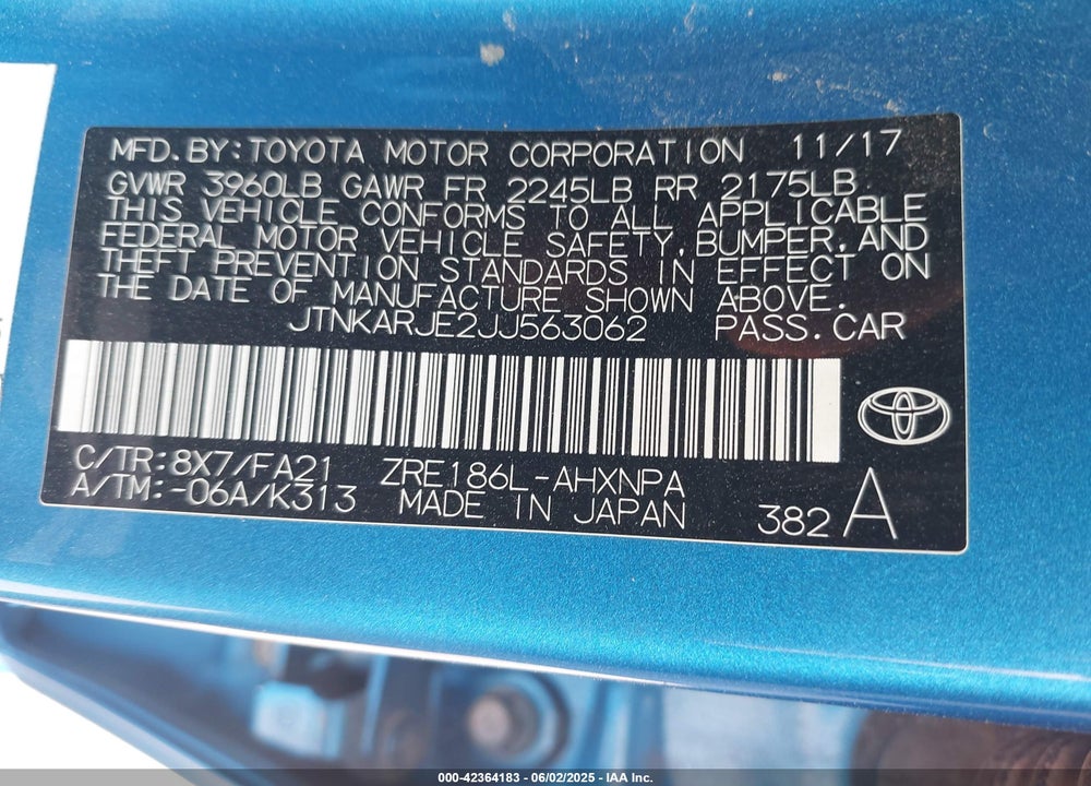 2018 TOYOTA COROLLA VIN: JTNKARJE2JJ563062