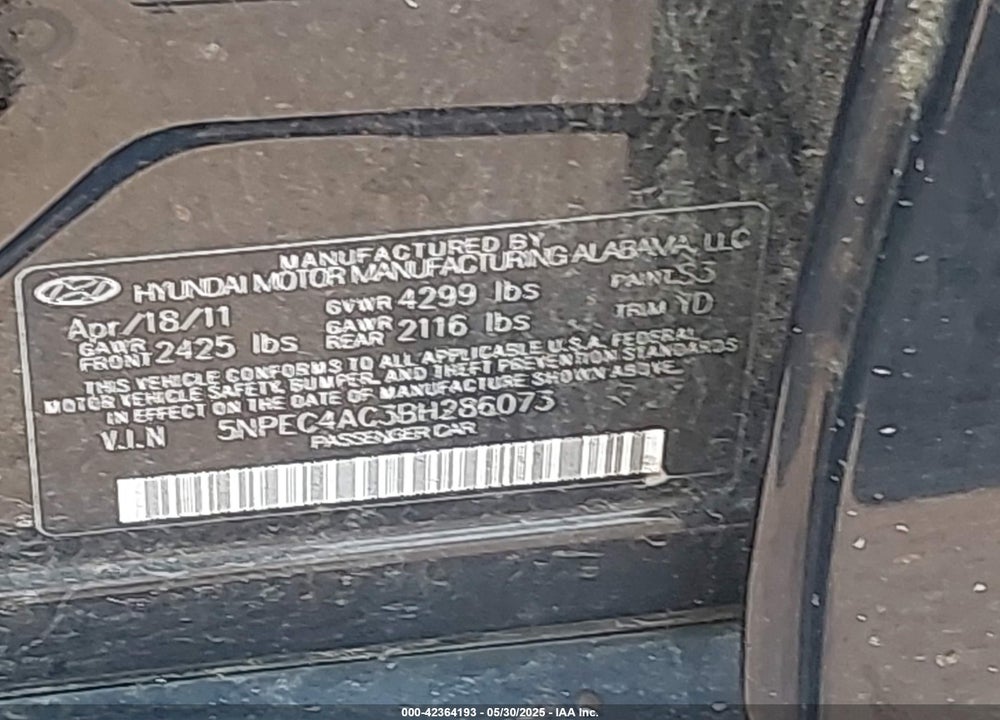 2011 HYUNDAI SONATA VIN: 5NPEC4AC3BH286073