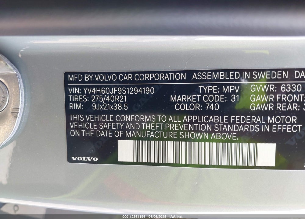 2025 VOLVO XC90 PLUG-IN HYBRID T8 ULTRA 6-SEATER VIN: YV4H60JF9S1294190