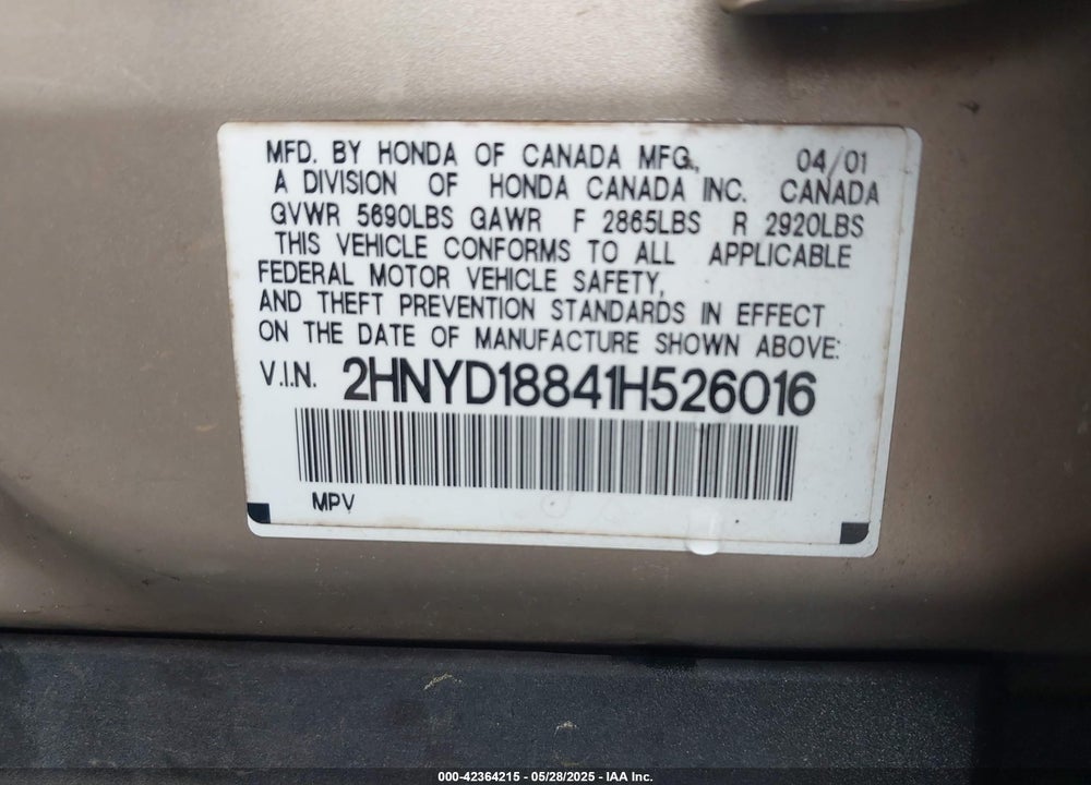 2001 ACURA MDX VIN: 2HNYD18841H526016