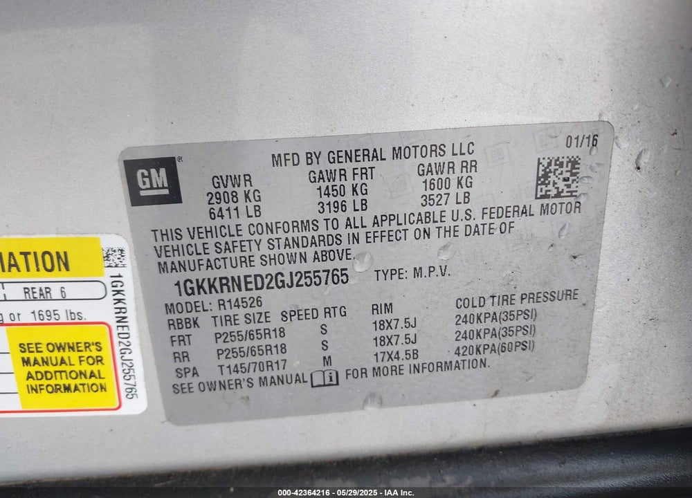 2016 GMC ACADIA SLE-1 VIN: 1GKKRNED2GJ255765