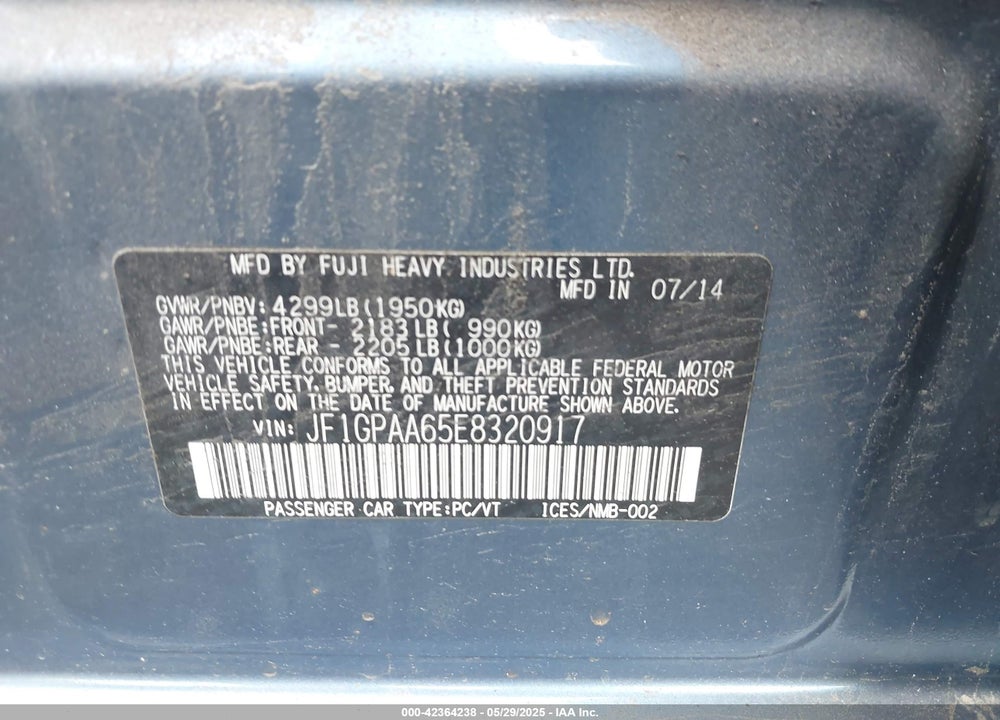2014 SUBARU IMPREZA 2.0I VIN: JF1GPAA65E8320917