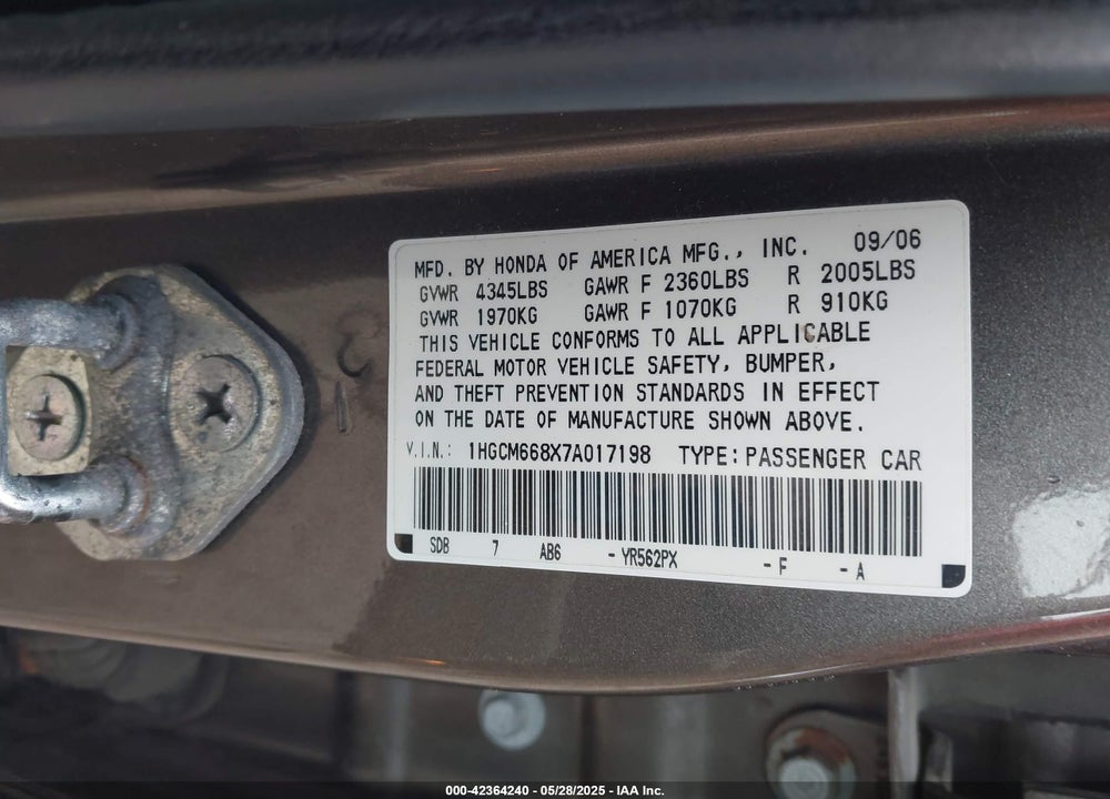 2007 HONDA ACCORD VIN: 1HGCM668X7A017198