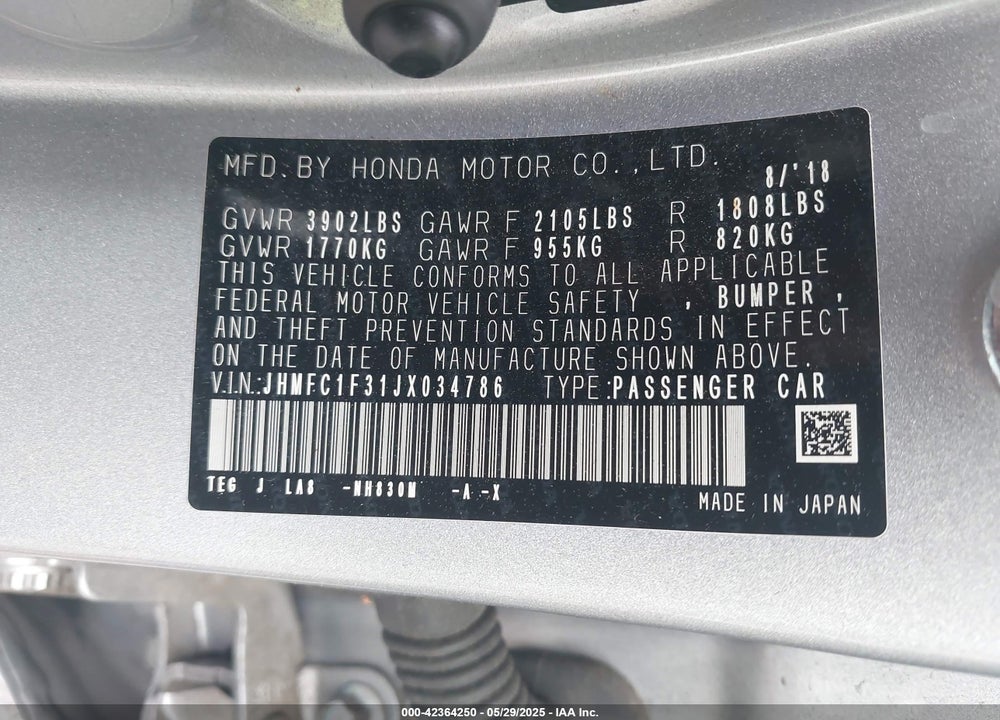 2018 HONDA CIVIC EX-T VIN: JHMFC1F31JX034786