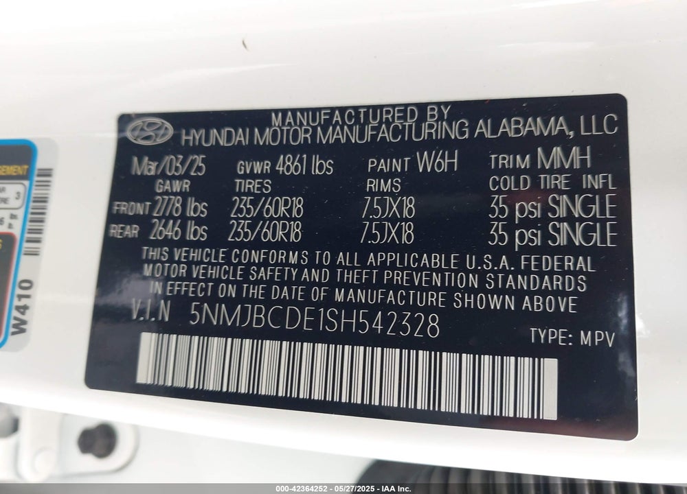 2025 HYUNDAI TUCSON SEL VIN: 5NMJBCDE1SH542328