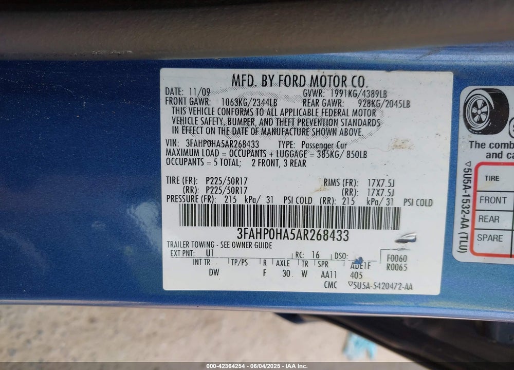 2010 FORD FUSION VIN: 3FAHP0HA5AR268433
