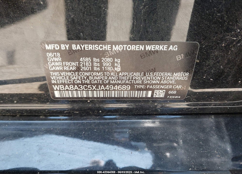 2018 BMW 320I XDRIVE VIN: WBA8A3C5XJA494689