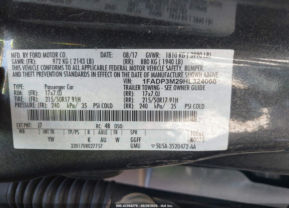 2017 FORD FOCUS VIN: 1FADP3M29HL324008