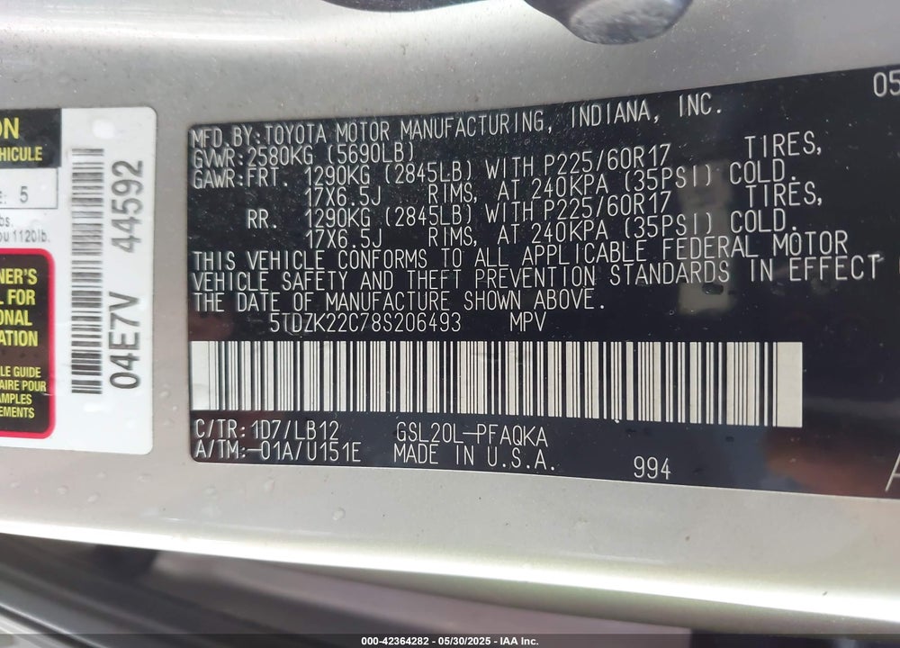2008 TOYOTA SIENNA LIMITED VIN: 5TDZK22C78S206493