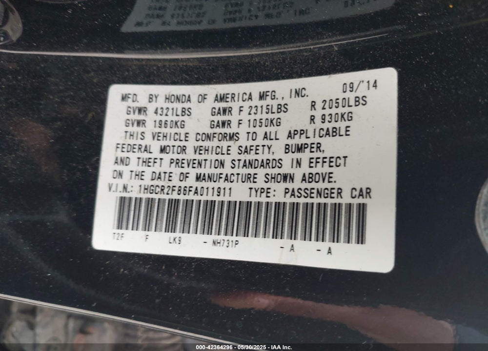 2015 HONDA ACCORD VIN: 1HGCR2F86FA011911