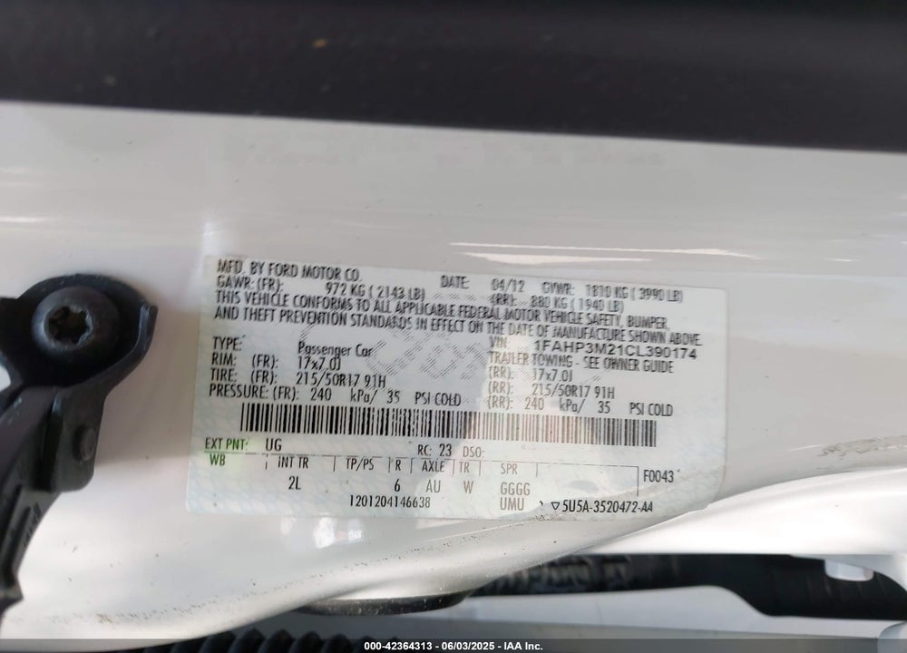 2012 FORD FOCUS SEL VIN: 1FAHP3M21CL390174