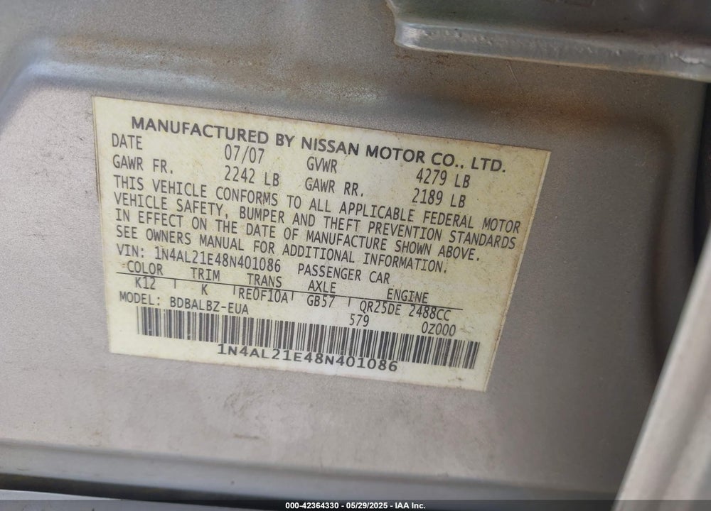2008 NISSAN ALTIMA VIN: 1N4AL21E48N401086