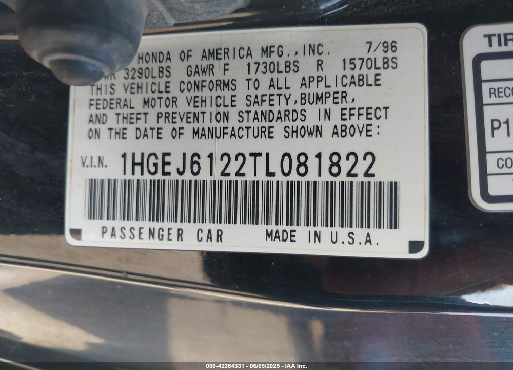 1996 HONDA CIVIC DX VIN: 1HGEJ6122TL081822