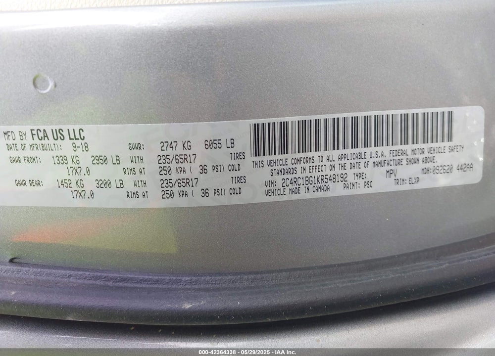 2019 CHRYSLER PACIFICA TOURING L VIN: 2C4RC1BG1KR548192