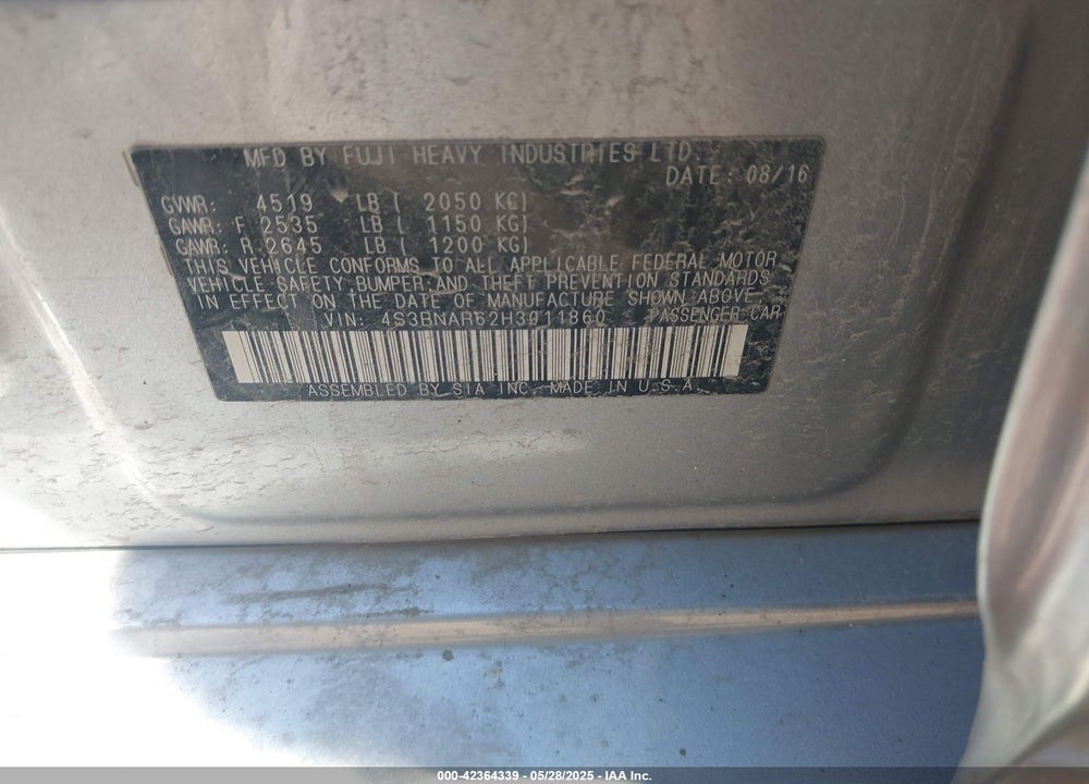 2017 SUBARU LEGACY VIN: 4S3BNAR62H3011860