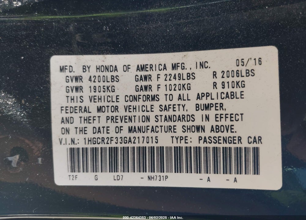 2016 HONDA ACCORD VIN: 1HGCR2F33GA217015