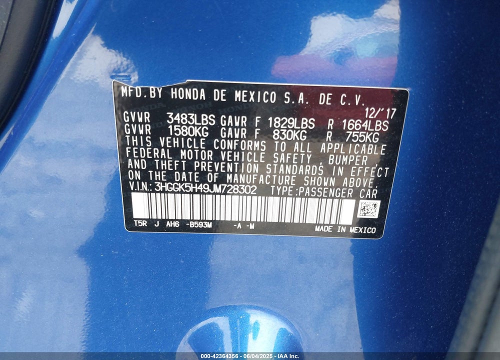 2018 HONDA FIT LX VIN: 3HGGK5H49JM728302