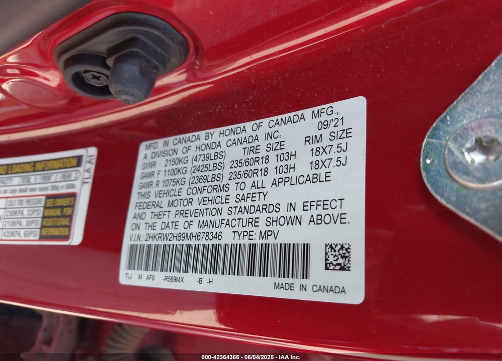 2021 HONDA CR-V VIN: 2HKRW2H89MH678346