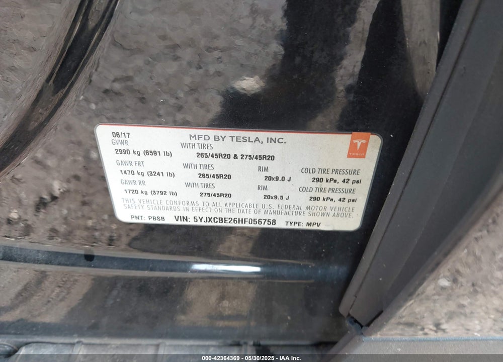 2017 TESLA MODEL X 100D/75D/90D VIN: 5YJXCBE26HF056758