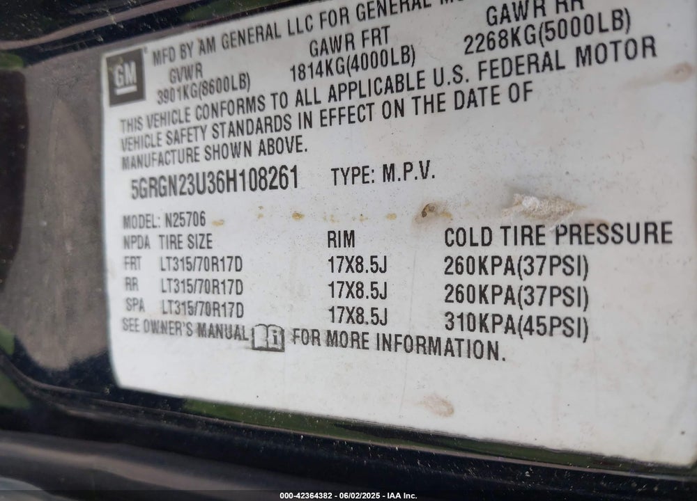 2006 HUMMER H2 SUV VIN: 5GRGN23U36H108261