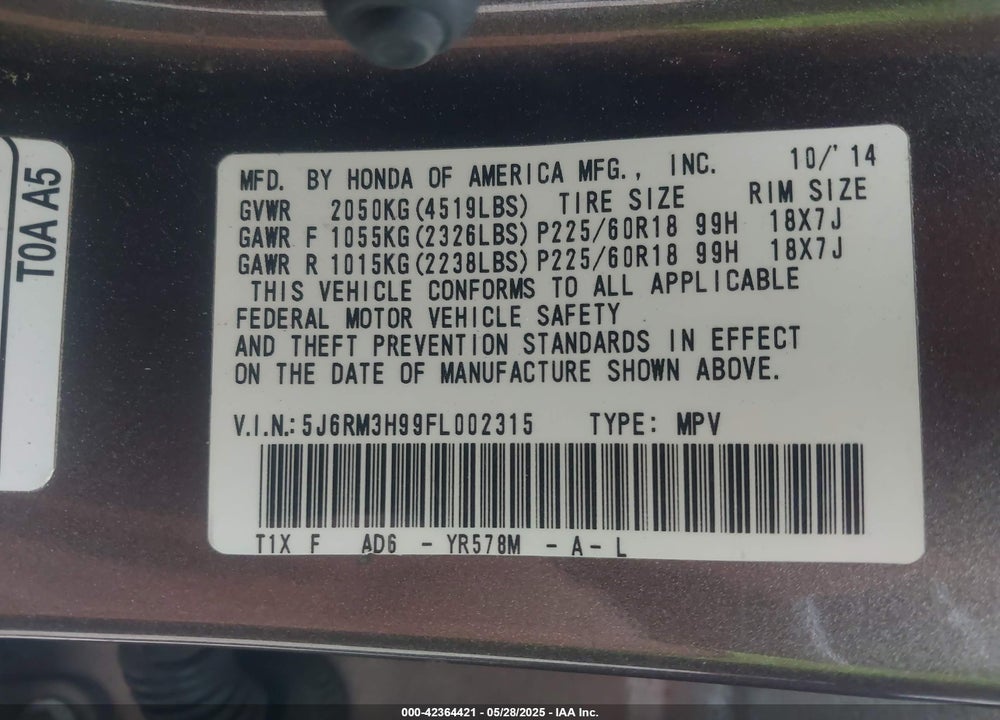 2015 HONDA CR-V TOURING VIN: 5J6RM3H99FL002315