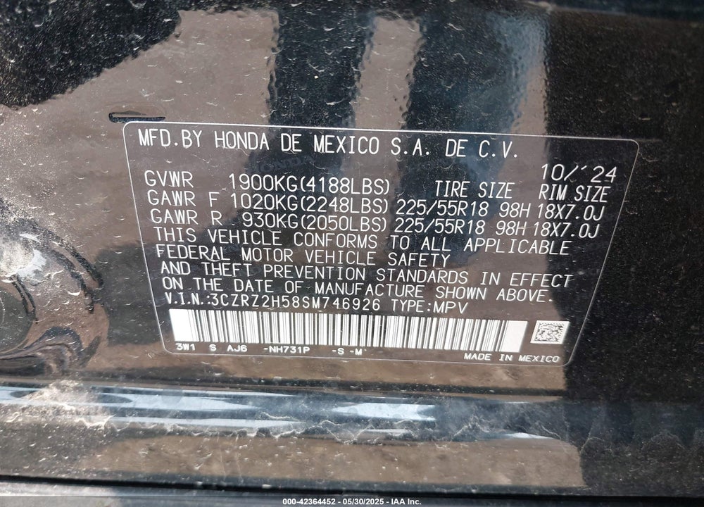 2025 HONDA HR-V AWD SPORT VIN: 3CZRZ2H58SM746926