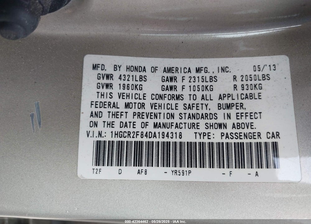 2013 HONDA ACCORD VIN: 1HGCR2F84DA194318