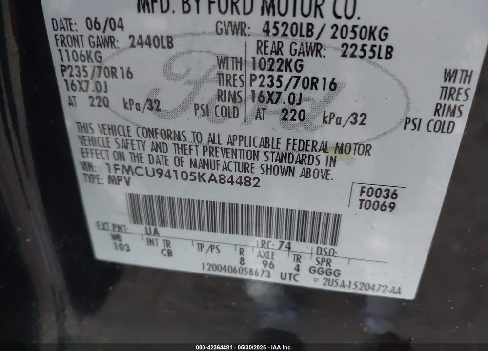 2005 FORD ESCAPE LIMITED VIN: 1FMCU94105KA84482