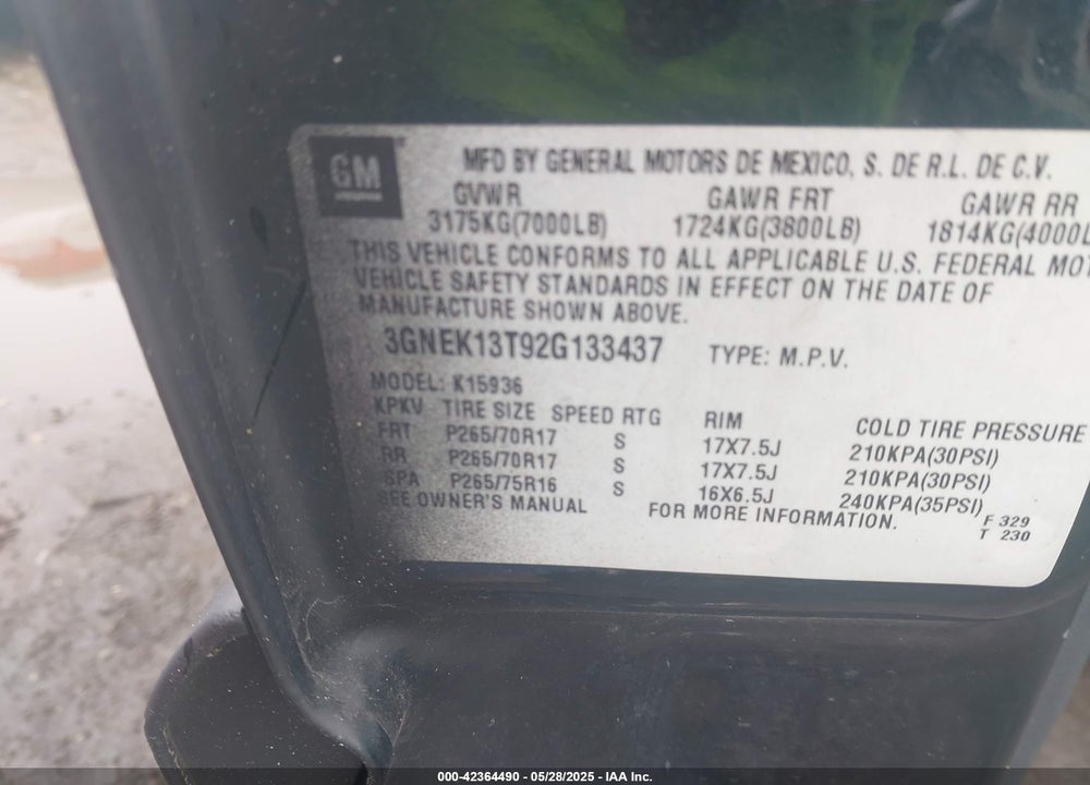 2002 CHEVROLET AVALANCHE K1500 VIN: 3GNEK13T92G133437