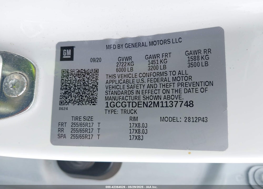 2021 CHEVROLET COLORADO VIN: 1GCGTDEN2M1137748