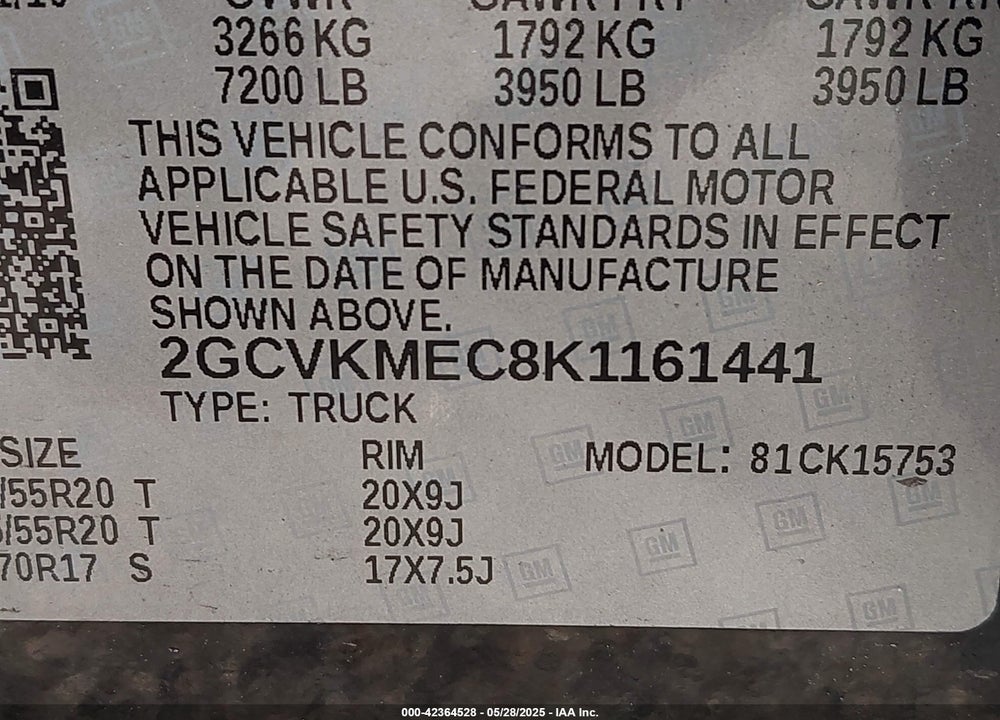 2019 CHEVROLET SILVERADO 1500 LD VIN: 2GCVKMEC8K1161441