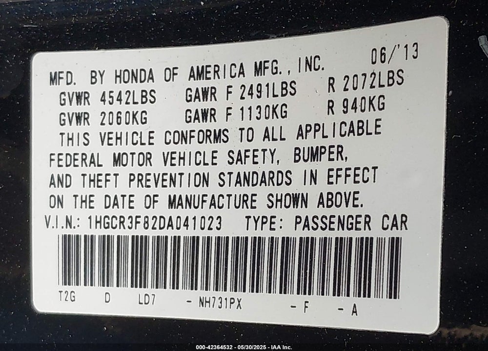 2013 HONDA ACCORD EX-L V-6 VIN: 1HGCR3F82DA041023