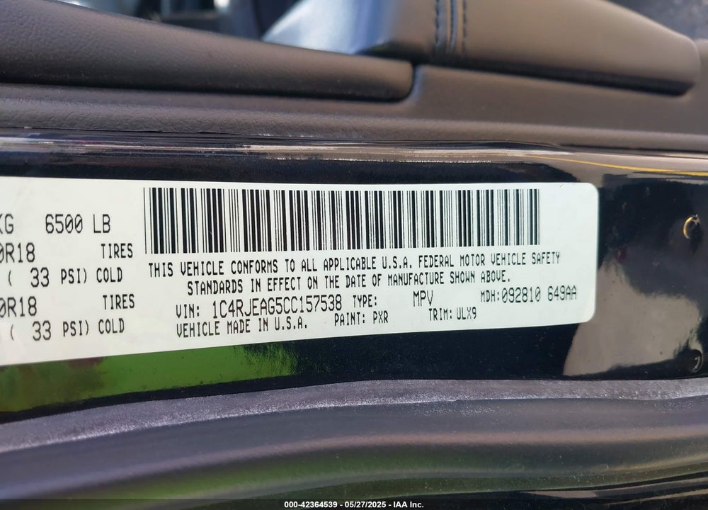 2012 JEEP GRAND CHEROKEE VIN: 1C4RJEAG5CC157538