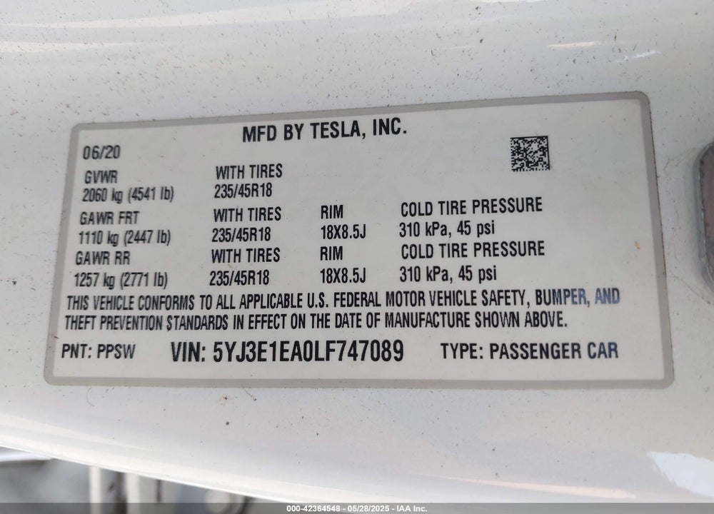 2020 TESLA MODEL 3 VIN: 5YJ3E1EA0LF747089