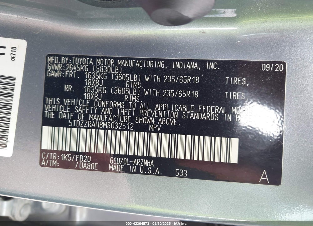2021 TOYOTA HIGHLANDER L/LE VIN: 5TDZZRAH8MS032512