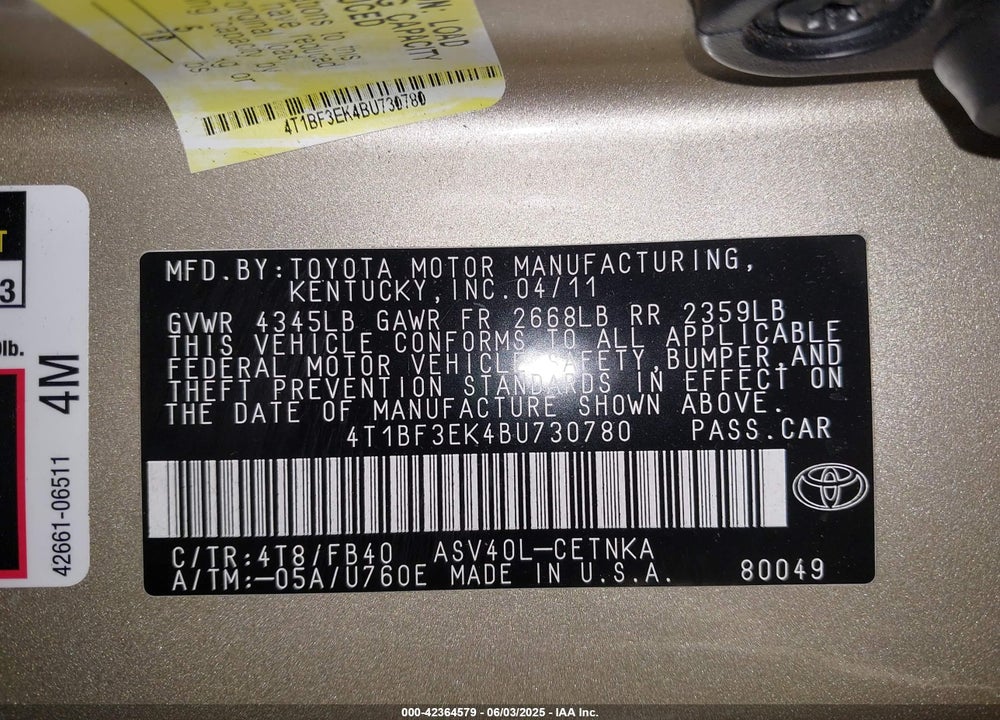 2011 TOYOTA CAMRY VIN: 4T1BF3EK4BU730780