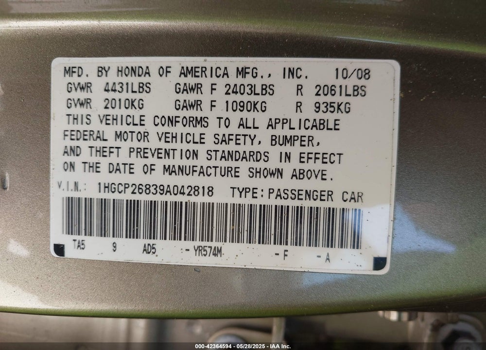 2009 HONDA ACCORD 2.4 EX-L VIN: 1HGCP26839A042818