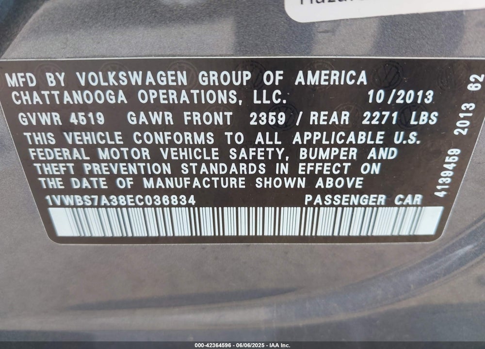 2014 VOLKSWAGEN PASSAT 1.8T SE VIN: 1VWBS7A38EC036834