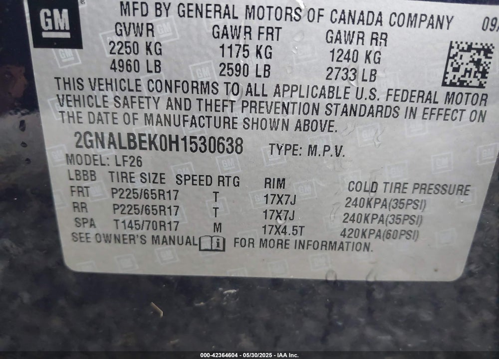 2017 CHEVROLET EQUINOX VIN: 2GNALBEK0H1530638