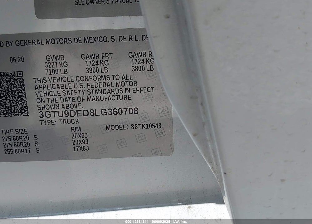 2020 GMC SIERRA K1500 SLT VIN: 3GTU9DED8LG360708