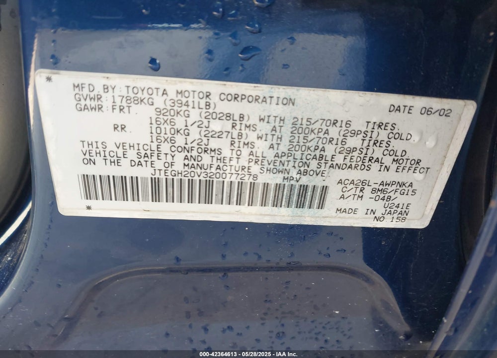 2002 TOYOTA RAV4 VIN: JTEGH20V320077278