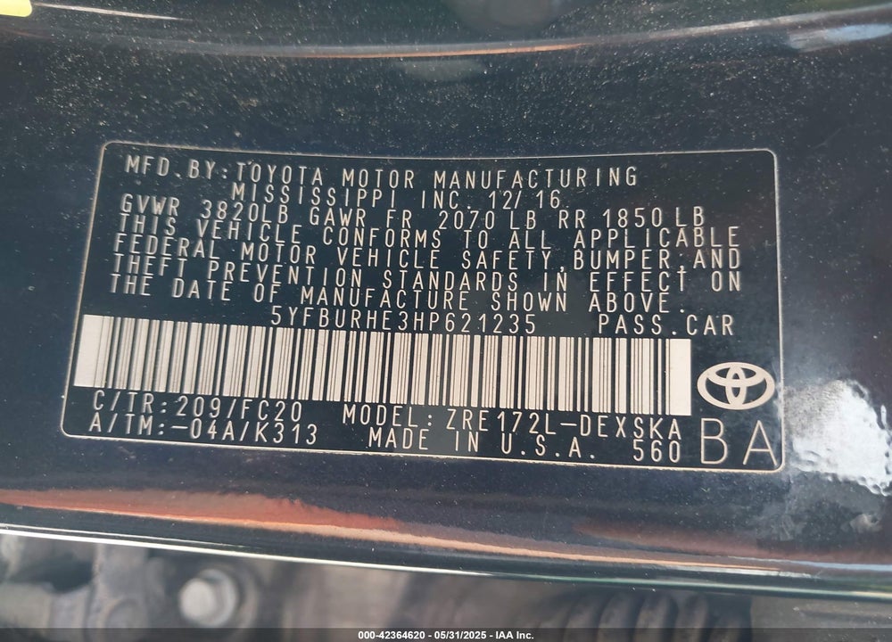 2017 TOYOTA COROLLA L/LE/XLE/SE/XSE VIN: 5YFBURHE3HP621235