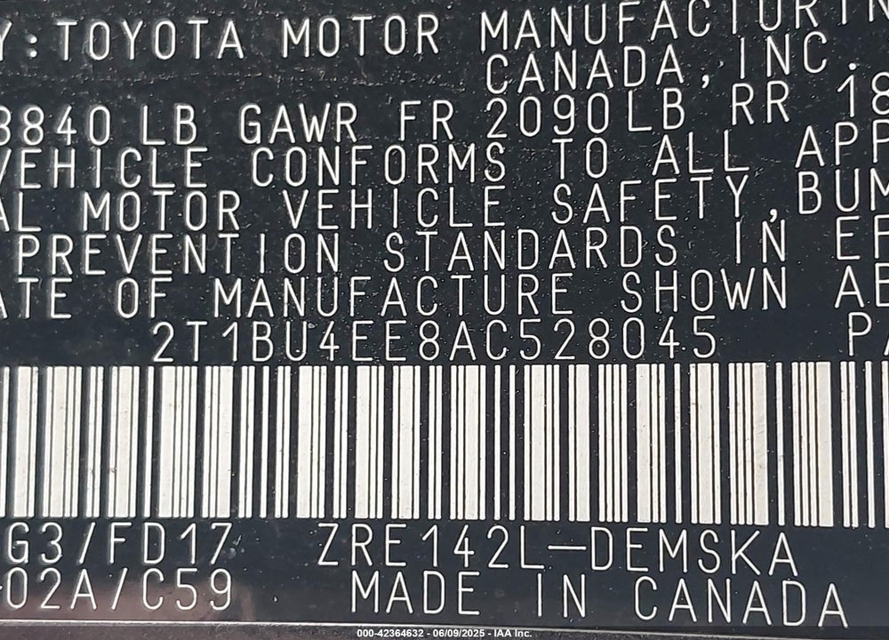 2010 TOYOTA COROLLA VIN: 2T1BU4EE8AC528045