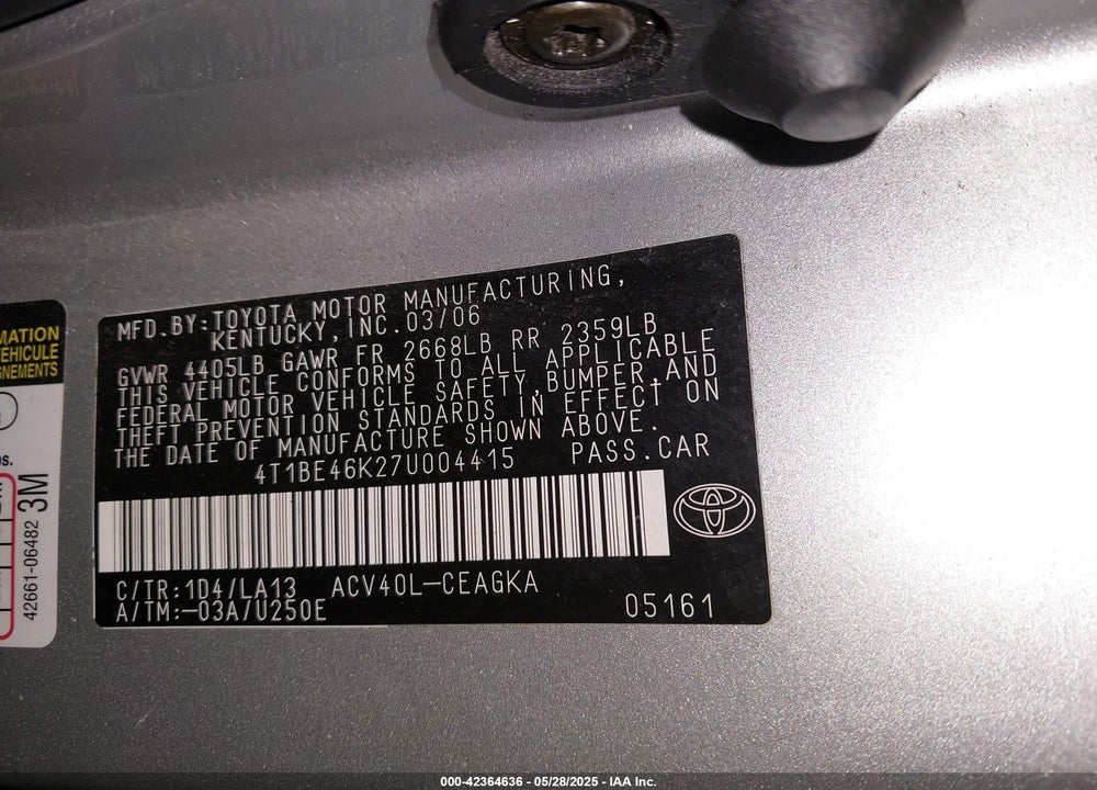 2007 TOYOTA CAMRY VIN: 4T1BE46K27U004415