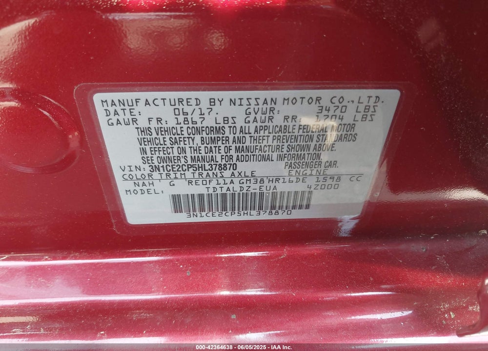 2017 NISSAN VERSA NOTE VIN: 3N1CE2CP5HL378870
