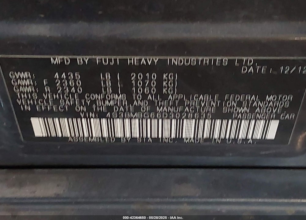 2013 SUBARU LEGACY VIN: 4S3BMBG66D3028635