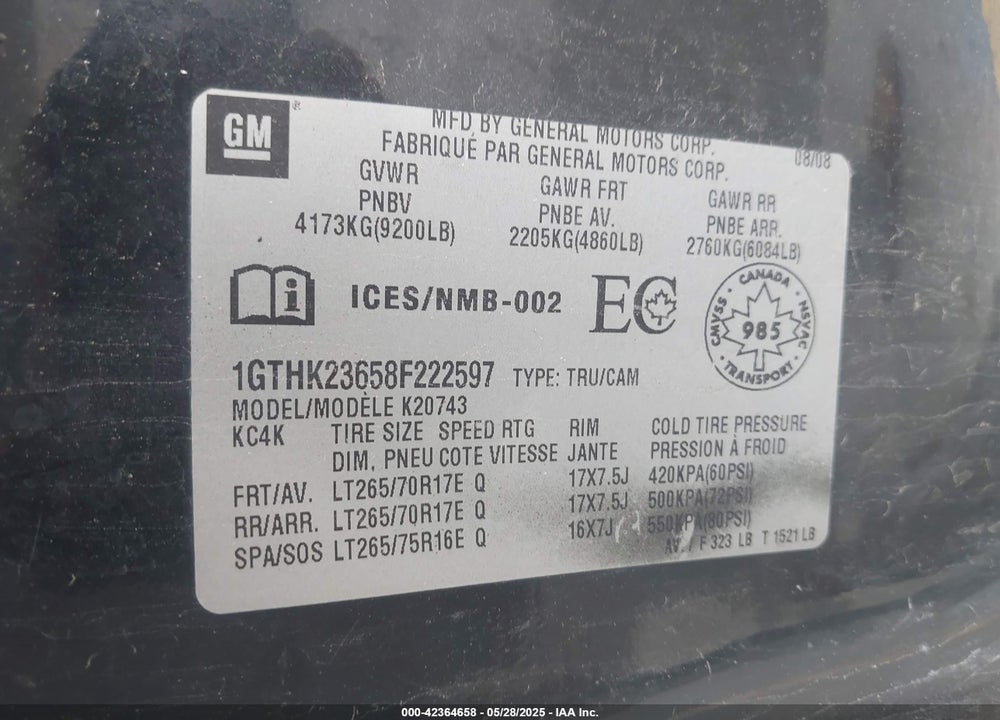 2008 GMC SIERRA VIN: 1GTHK23658F222597