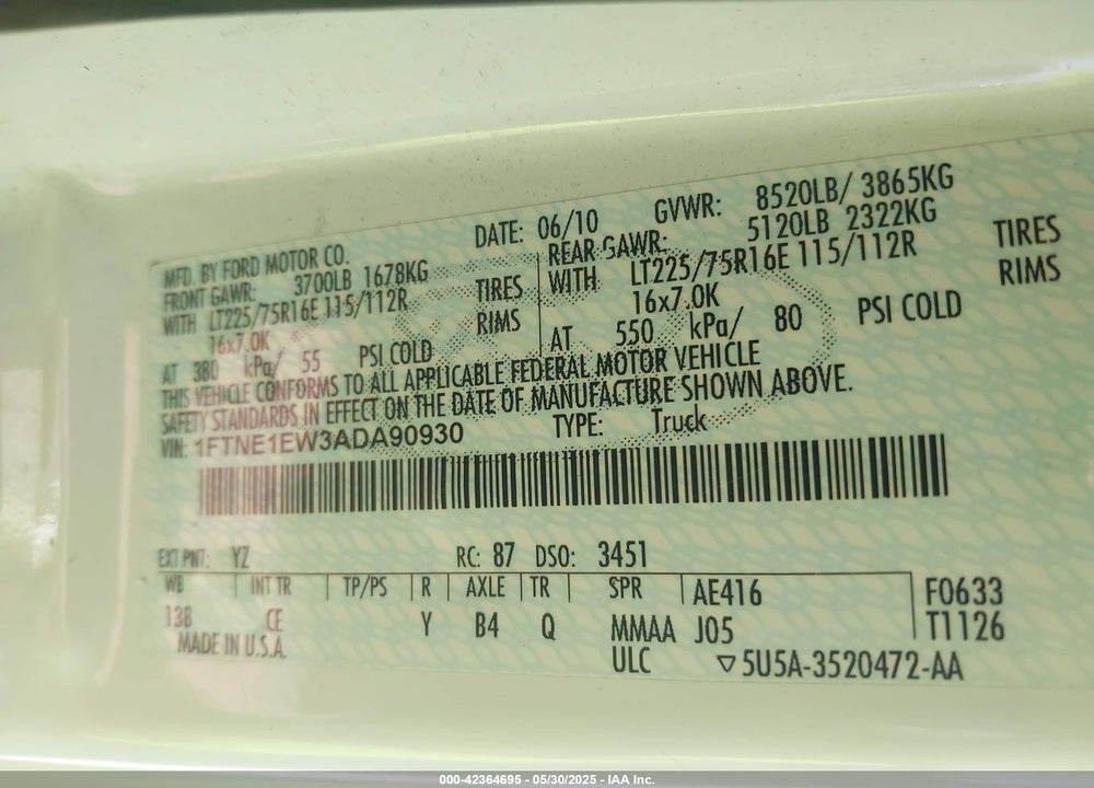 2010 FORD E 150 VIN: 1FTNE1EW3ADA90930
